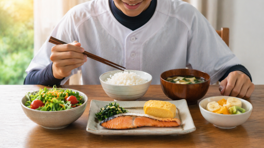 焼き魚・卵・ご飯・味噌汁・野菜が揃った、ジュニアアスリート向けのバランスの良い朝食