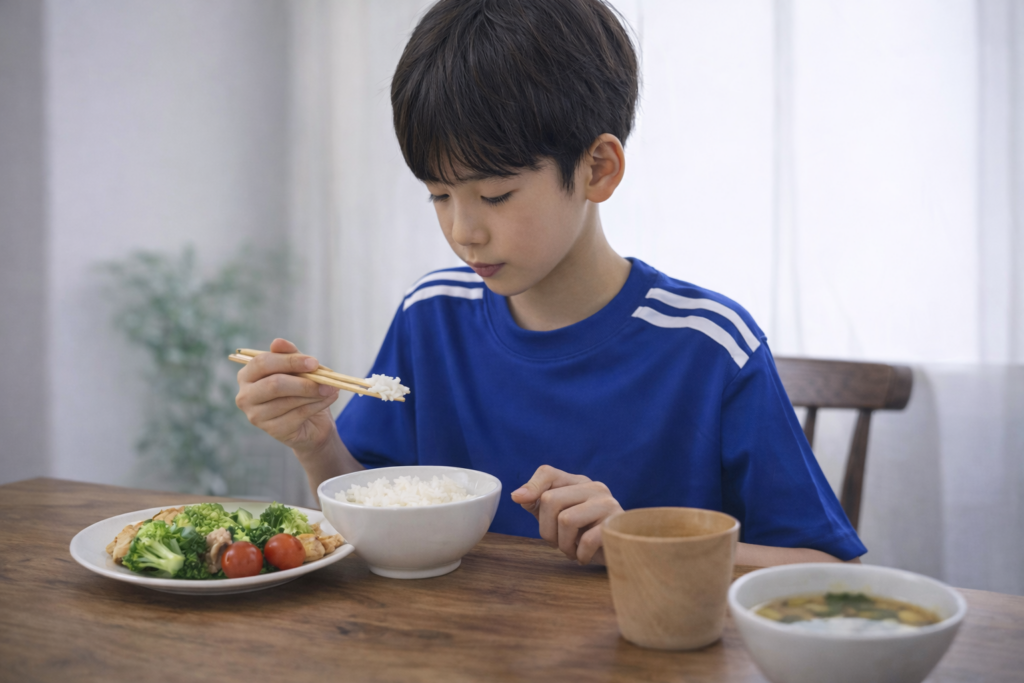 試合前日にジュニアアスリートの子どもがバランスの良い食事をとっている様子