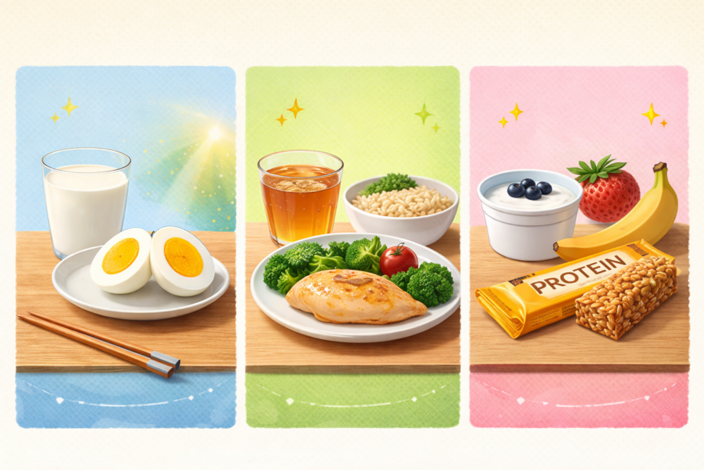 朝・昼・間食に分けてタンパク質を取るイメージで食品が並んだ3分割の食事例