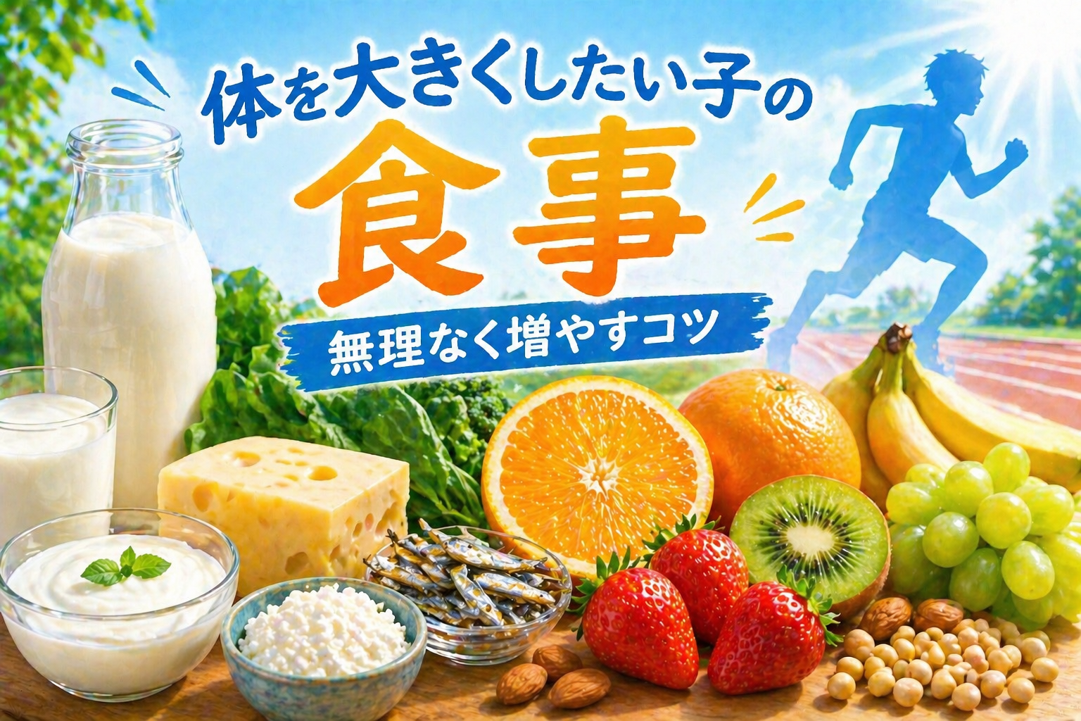 中央にカルシウム食材（牛乳・チーズ・ヨーグルト・小魚）と果物（オレンジ・キウイ・いちご・バナナ）が大きく配置された構図。右側にうっすらと陸上トラックと走るシルエット。上部にタイトルのみ配置され、他の説明要素はなく、食事で体づくりを支えるイメージが直感的に伝わるシンプルなアイキャッチ。