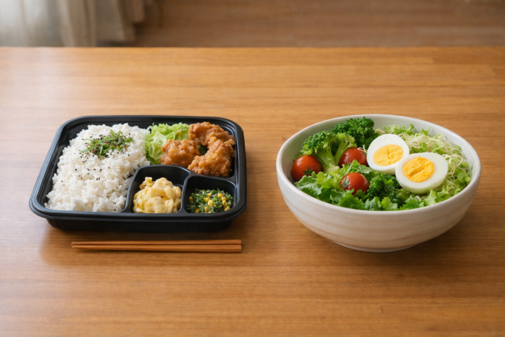 市販の唐揚げ弁当とゆで卵入りの手作りサラダを組み合わせた無理なく続けられる食事の様子