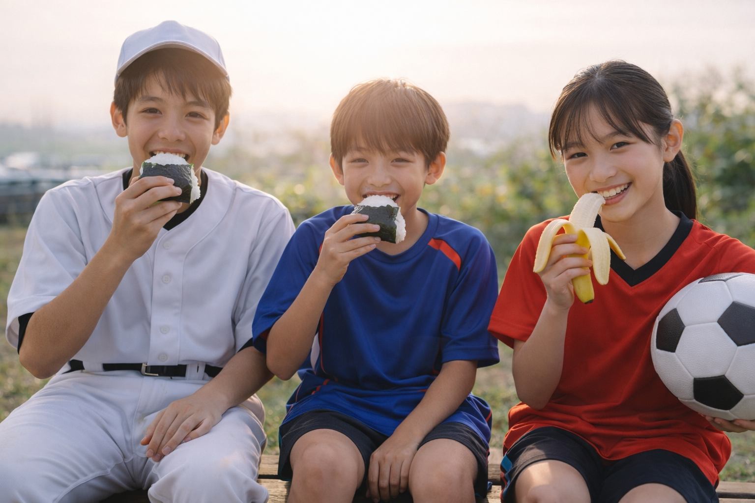 朝の屋外でジュニアアスリートの子どもたちがおにぎりやバナナを食べている様子
