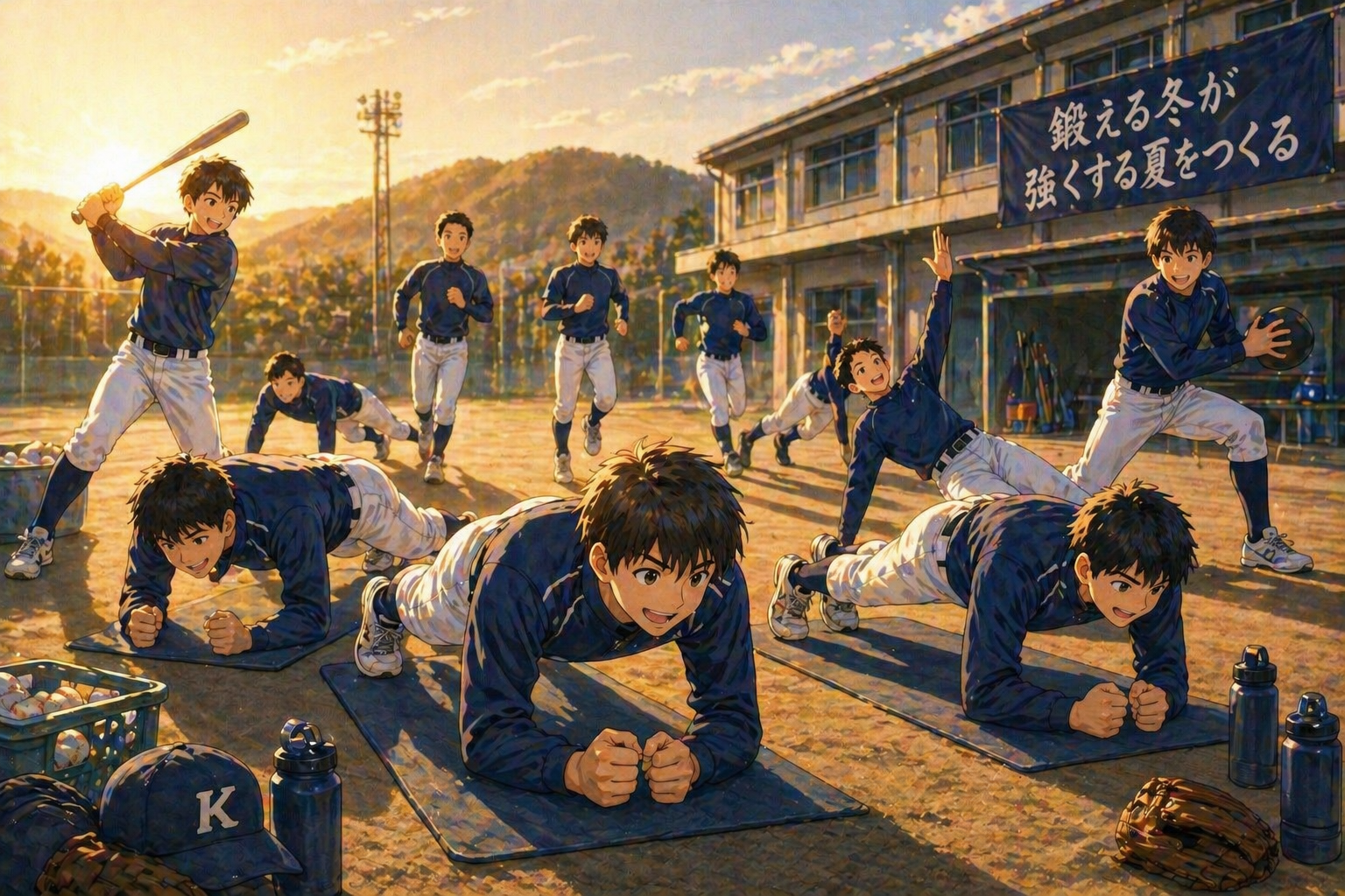 冬の朝や夕方の冷たい空気の中、高校のグラウンドで野球部の選手たちが元気にトレーニングをしている様子。手前では体幹トレーニング（プランク）をしている選手たちが並び、奥ではランニングをしている部員や素振りをしている選手もいる。全員が前向きで活気のある表情をしており、寒い時期でもしっかり体づくりに取り組んでいる雰囲気が伝わる、やわらかいイラスト調の構図。