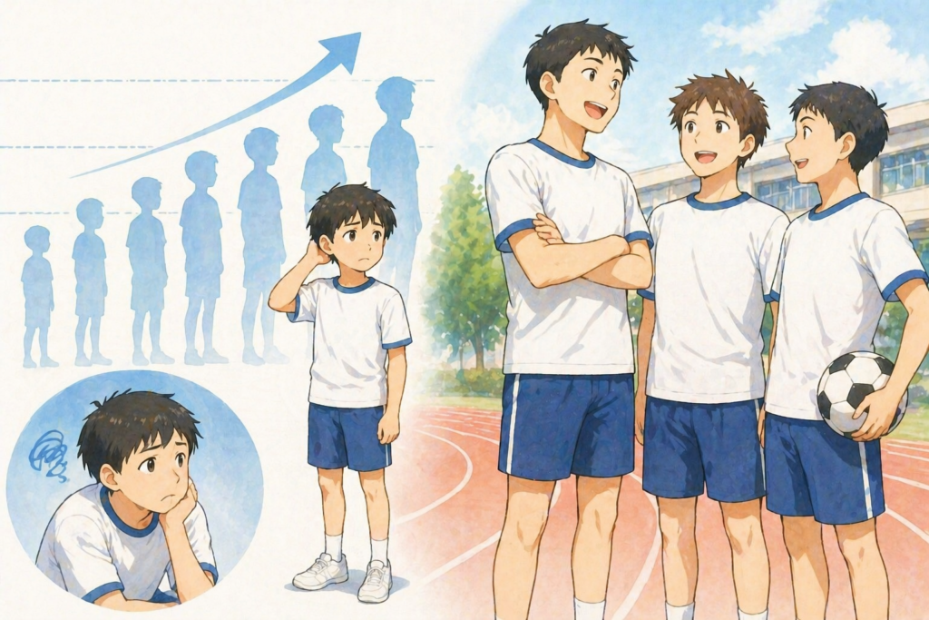 周りの子どもたちと並んだときに体格差を感じている様子のイラスト。小柄な子が少し不安そうにしている一方で、他の子は背が高く元気そうにしている。背景には成長の段階を示すシルエットが並び、成長期の個人差があることが直感的に伝わる構図。