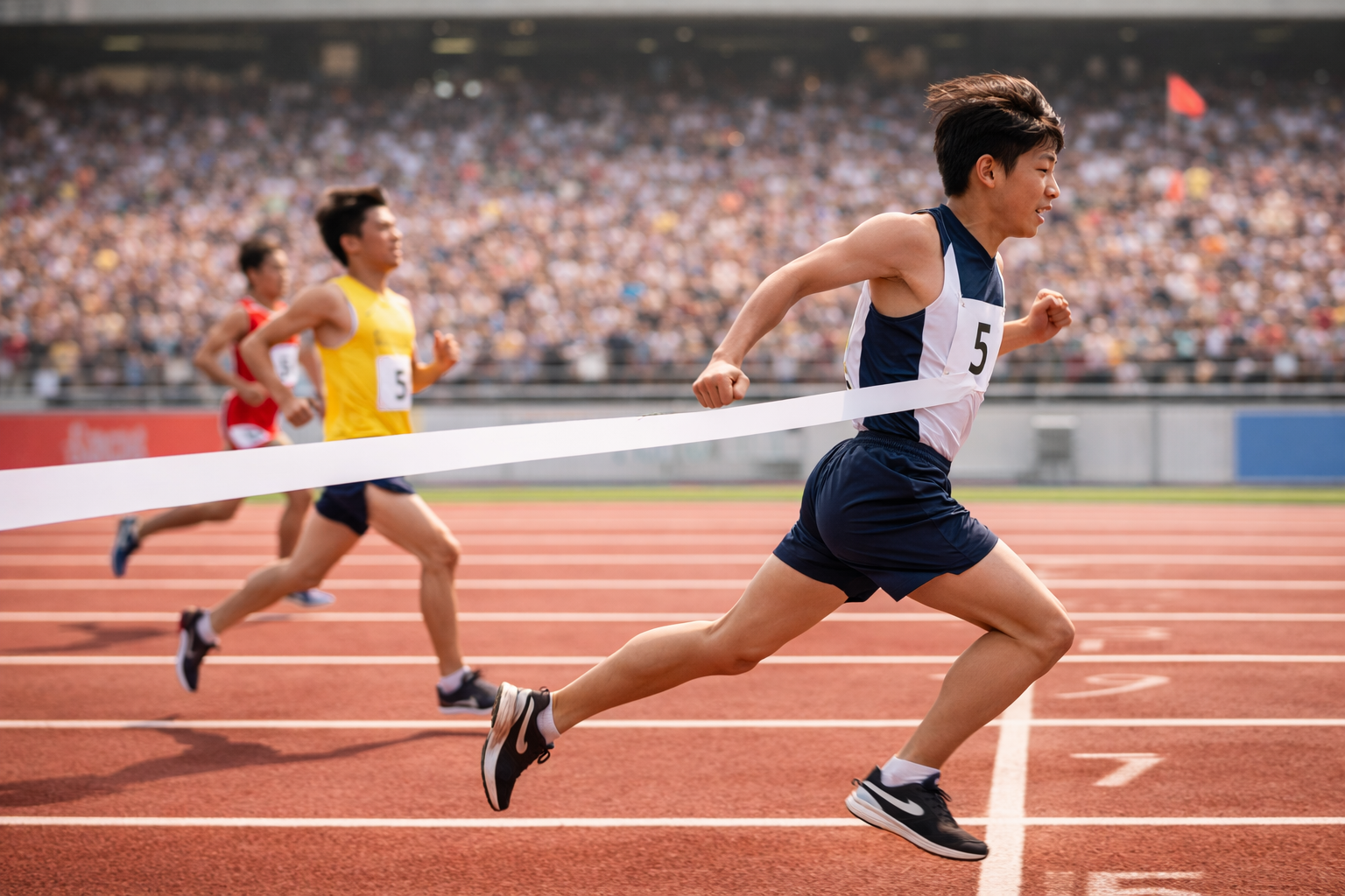 競技場で僅差の中、白いゴールテープを切って1着でゴールする陸上選手の様子