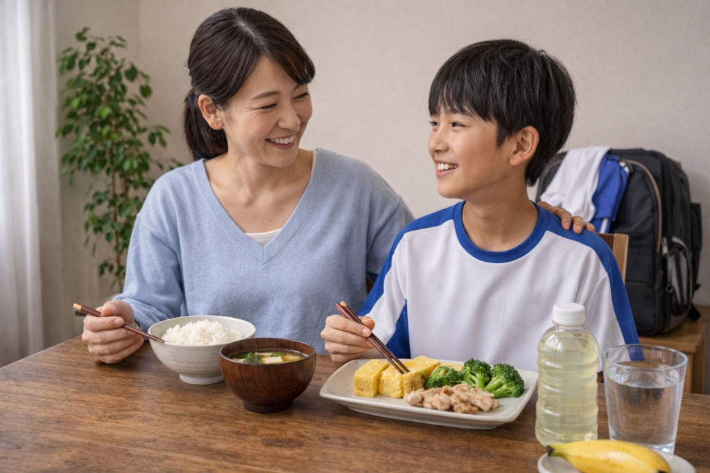 保護者が見守る中でジュニアアスリートの子どもがバランスの良い食事をとっている様子