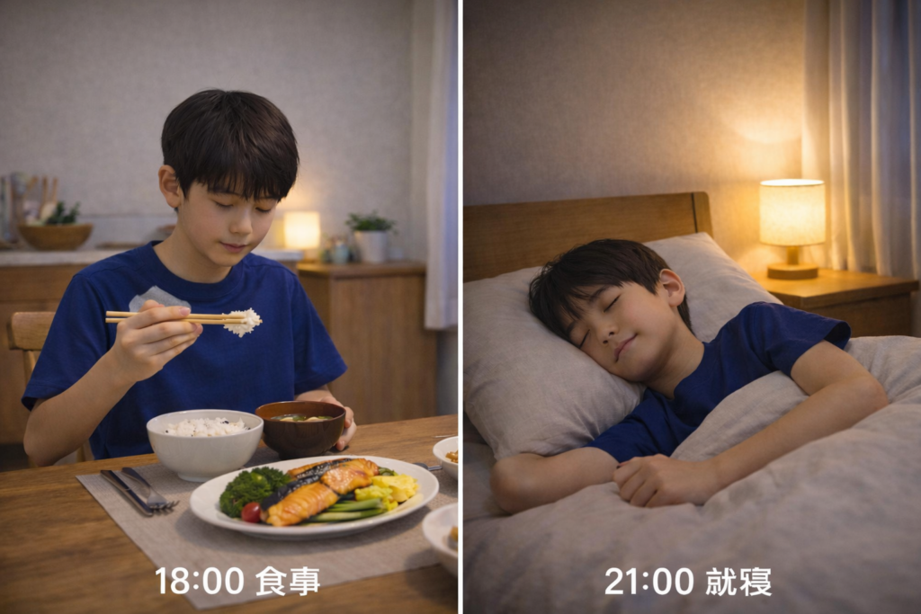 夕食後に早めの時間で食事を終え、その後しっかりと睡眠をとるジュニアアスリートの生活リズムの様子