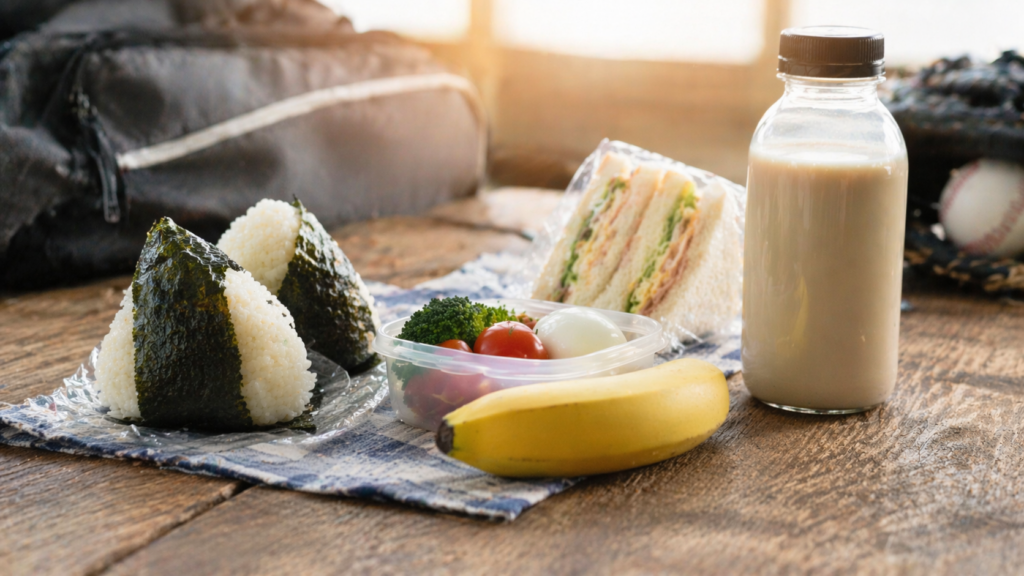 おにぎりやバナナ、サンドイッチと飲み物を組み合わせた、持ち運びできる手軽な朝食