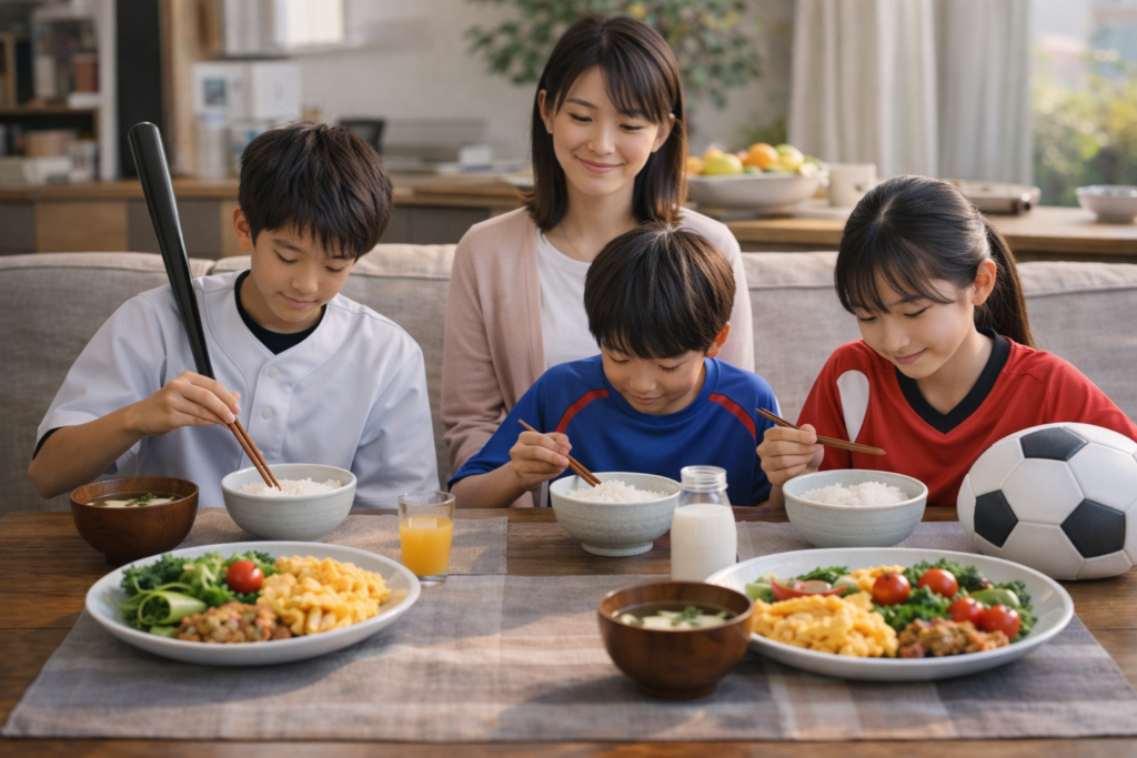 家庭で子どもたちがバランスの良い朝食を囲み、日常的に食事習慣が整っている様子