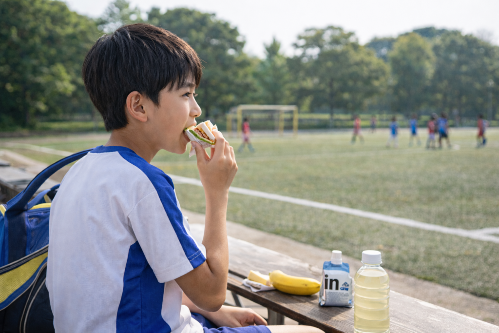 試合前にジュニアアスリートの子どもがサンドイッチやバナナで軽く食事をとっている様子