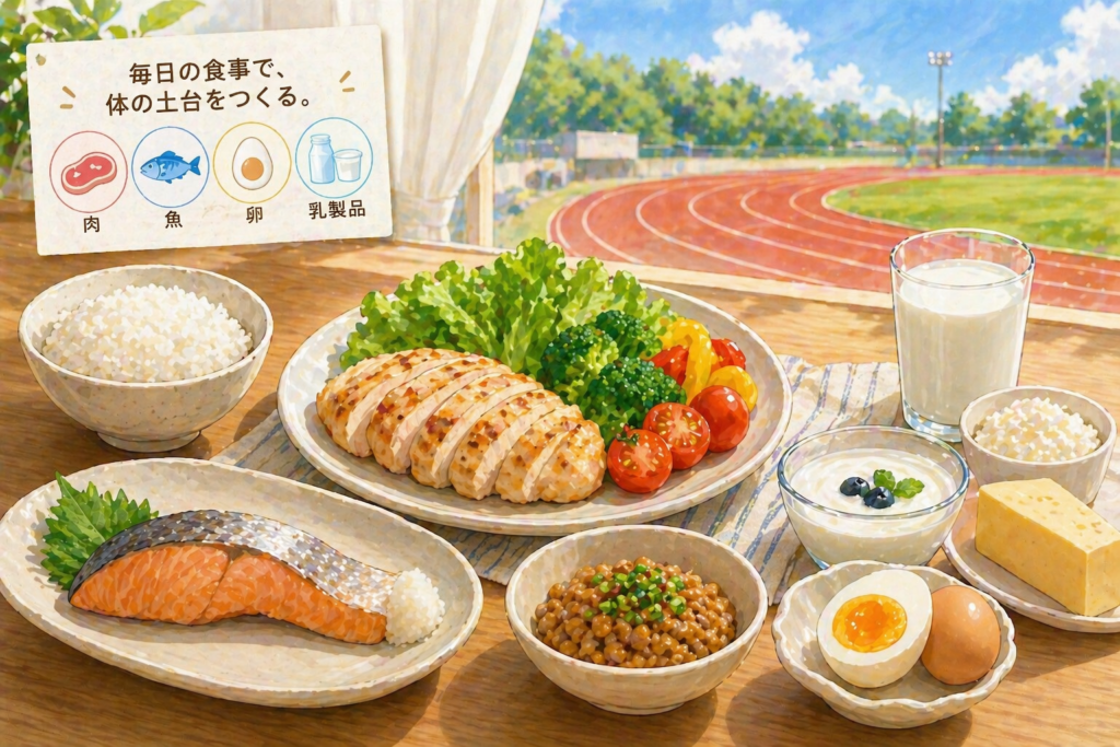 肉、魚、卵、乳製品がバランスよく並んだ清潔感のある食卓のイラスト。背景に窓越しの陸上トラックが見え、日常の食事が体づくりやケガ予防につながることが自然に伝わるシンプルな構図。