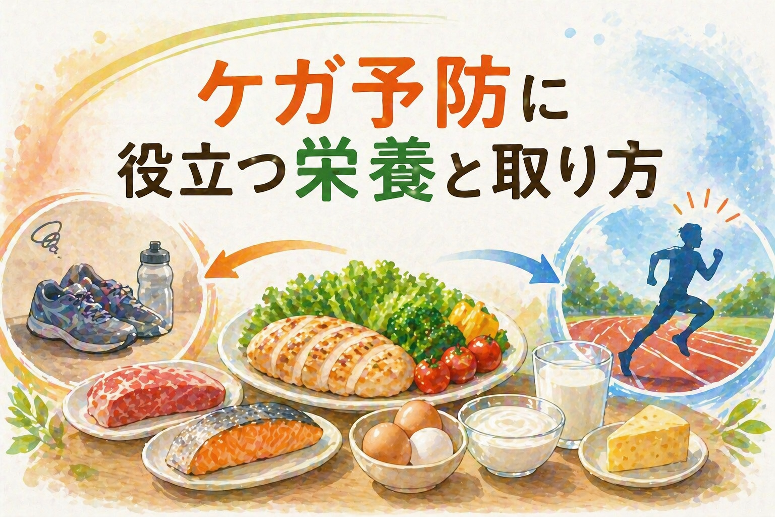中央に肉・魚・卵・乳製品・野菜がバランスよく並んだ食卓、右側に陸上トラックで軽やかに走るシルエット、左側にランニングシューズと水分がさりげなく配置された構図。日常の食事が体づくりとケガ予防につながることが直感的に伝わるシンプルなアイキャッチイラスト。