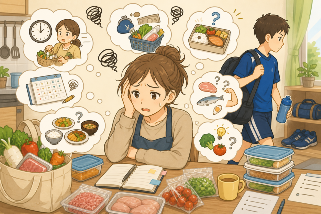 スポーツをしている子どもの食事を考えながら、献立に悩んでいる親の様子。