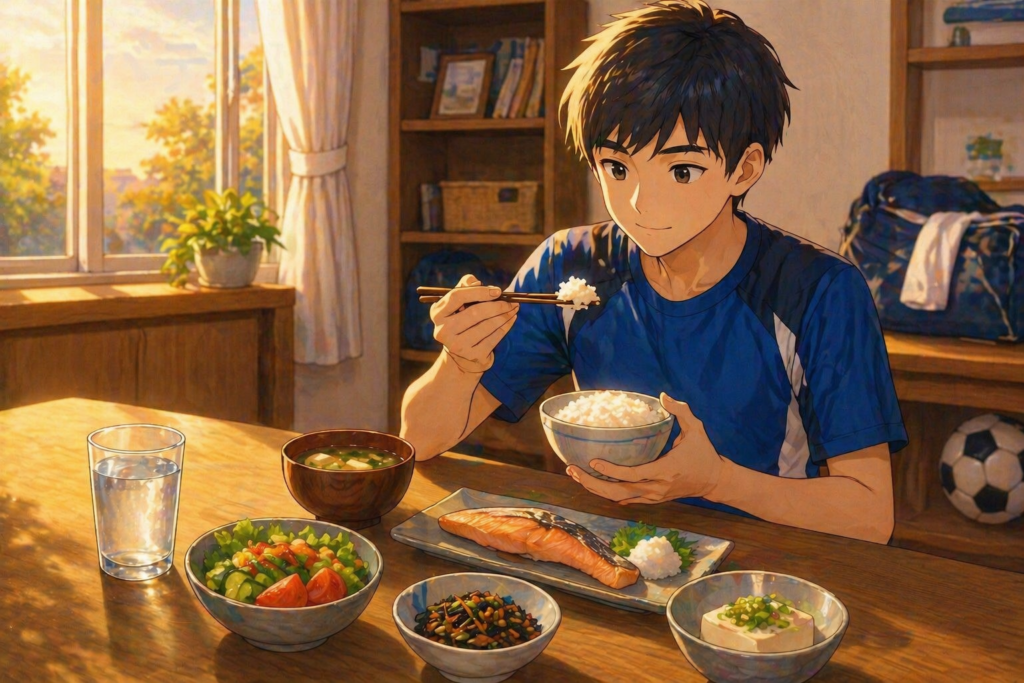 夕方のやわらかい光が差し込む室内で、部活動帰りの中学生くらいの男の子が、バランスの良い和食（ご飯、焼き魚、野菜のおかず、味噌汁）を落ち着いて食べている様子。テーブルには水もあり、自然と主食・主菜・副菜・水分がそろっていることが伝わる構図。背景にはスポーツバッグやボールが置かれており、運動後の食事シーンがやわらかいイラスト調で表現されている。