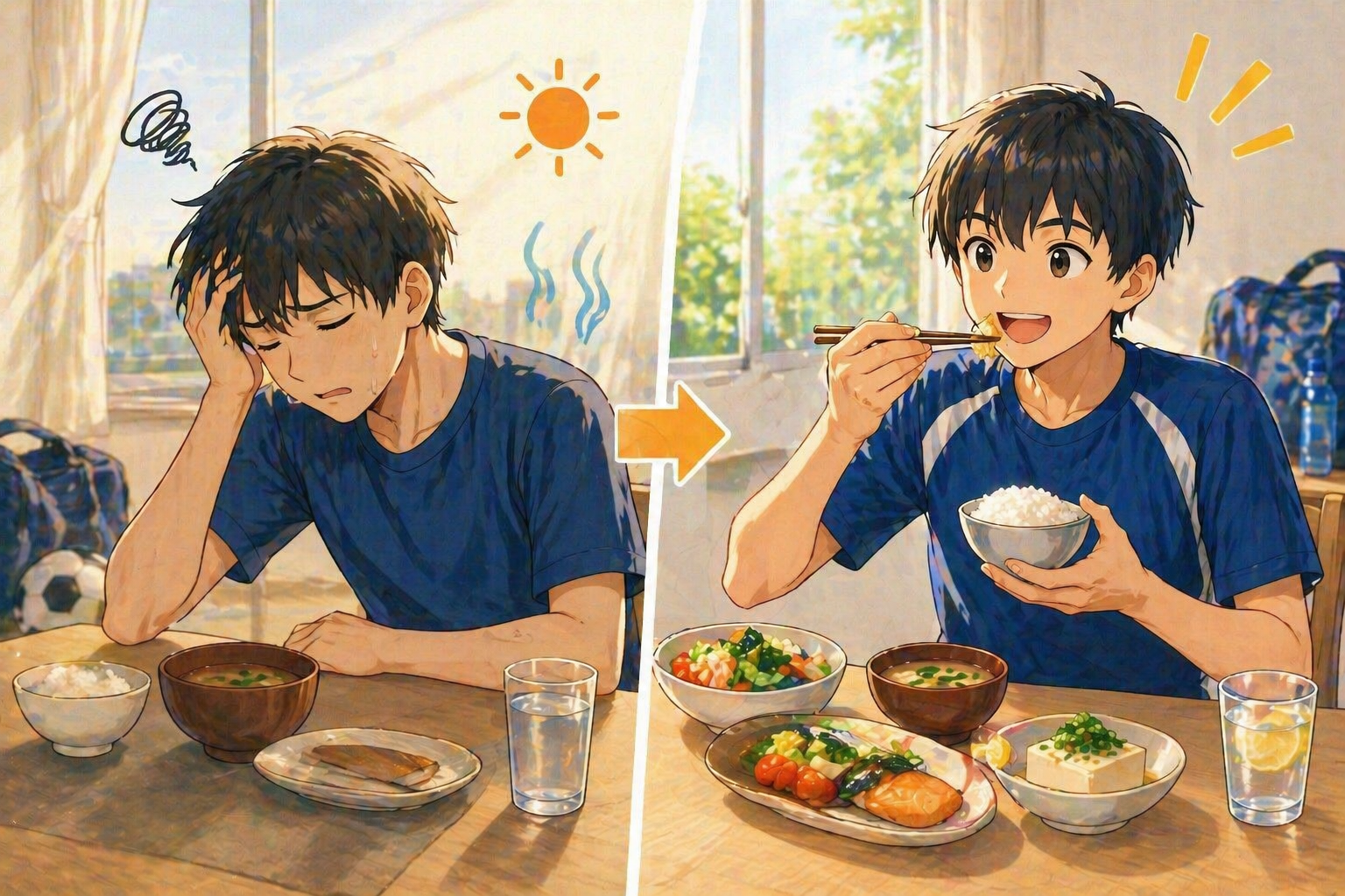 左右で対比されたイラスト。左側は暑さでぐったりしている中学生くらいの男の子が、食欲がなく簡単な食事を前に元気がない様子。室内も少し重たい空気感。右側は同じ人物が、バランスの良い食事（ご飯、魚、野菜など）をしっかり食べて元気な表情をしている様子。全体はやわらかいイラスト調で、夏バテ状態と対策後の違いが視覚的にわかる構図。