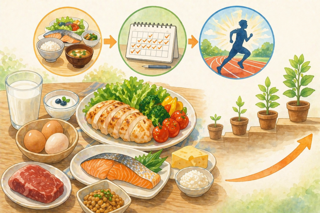 バランスの良い食事が並ぶ食卓を中心に、上部に小さな円で「食事」「継続（カレンダー）」「運動（走るシルエット）」が順に並び、右側に植物が小さな芽から大きく成長していく様子が描かれている。日々の積み重ねで体づくりに差が出ることが直感的に伝わるイラスト。