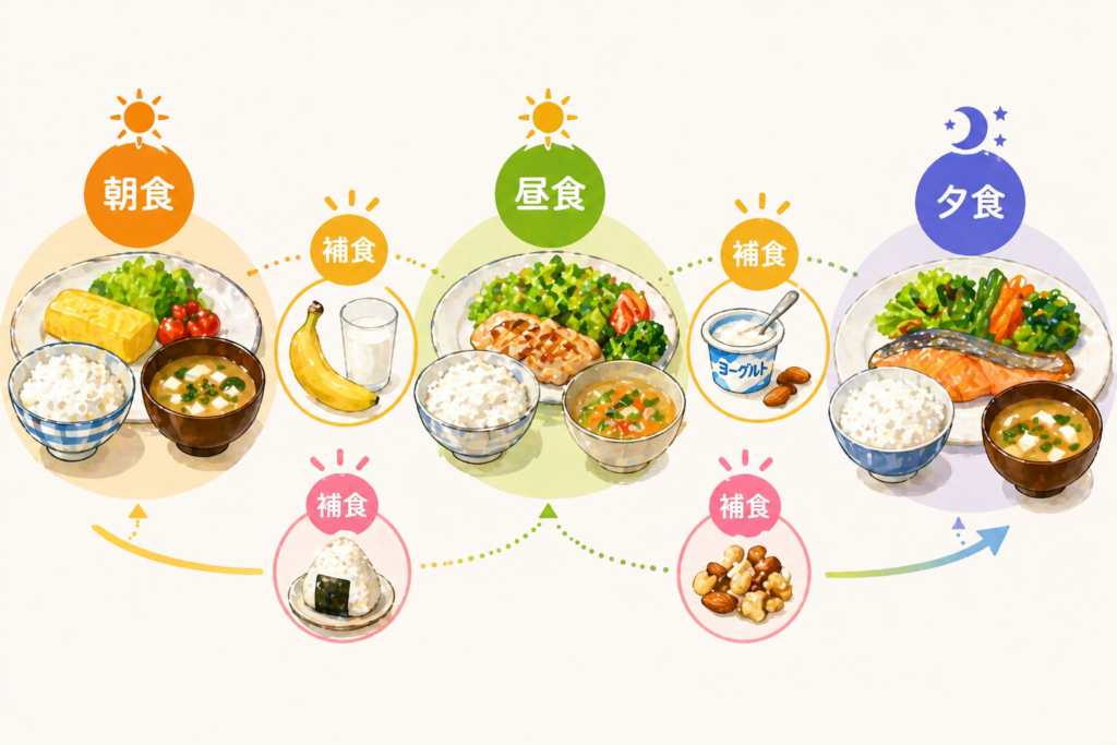 朝・昼・夕の食事が横並びで配置され、その間に小さな軽食(おにぎり・バナナ・ヨーグルトなど)が入っているシンプルな構図。全体が流れるようにつながっており、一度に多く食べるのではなく回数を分けてエネルギーを補うイメージが直感的に伝わるイラスト。