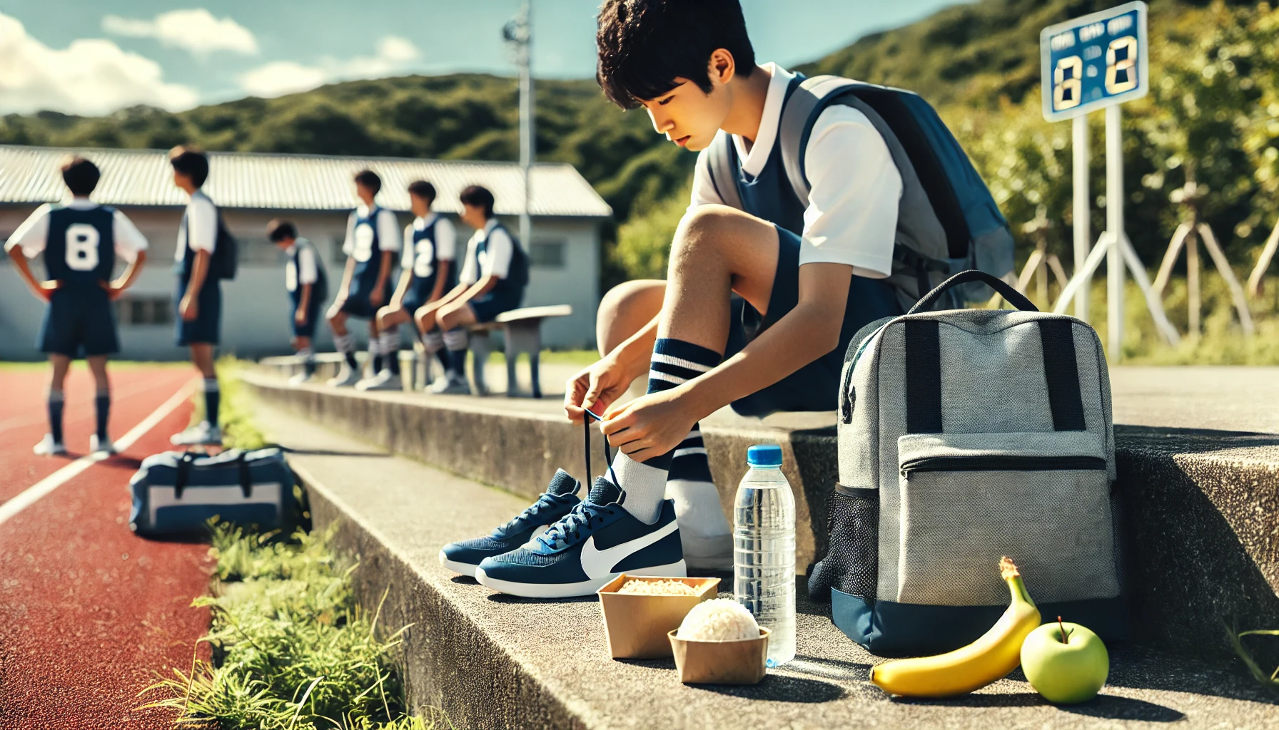 朝の運動場で、部活後の中学生アスリートが階段に座り靴ひもを結び直している。隣にはスポーツバッグとおにぎりやバナナ、水が置かれ、練習後の補食と努力の雰囲気が伝わるシーン。