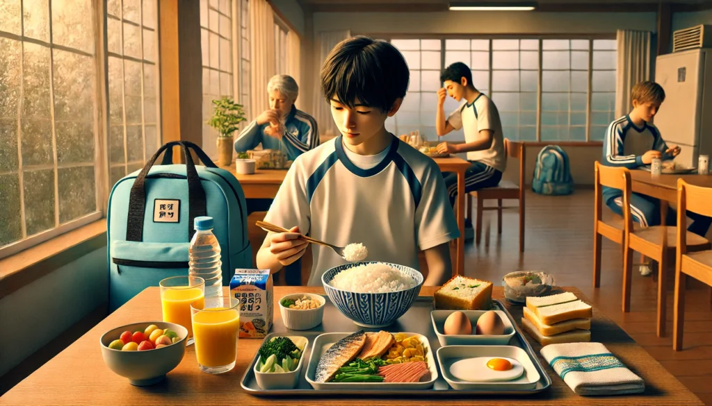 朝の宿泊施設の食事会場で、中学生アスリートがごはんや魚、卵、野菜をバランスよく食べている一方で、奥では軽い食事だけで疲れた様子の選手も見え、食事内容の違いがコンディションに影響する様子が対比されている。