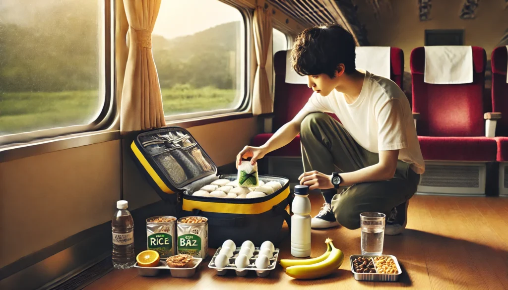 移動中の電車内で、中学生アスリートが床に置いたバッグにおにぎりやゆで卵、バナナ、ナッツなどの補食を整理して詰めている。周囲には水や軽食が並び、遠征先でも栄養バランスを保つための準備をしている様子。