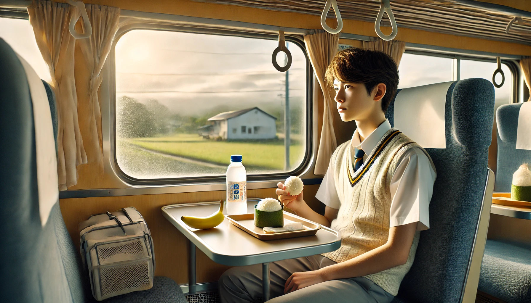 朝のやわらかい光が差し込む電車内で、中学生アスリートが窓の外を見ながらおにぎりを手にしている。テーブルにはバナナと水が置かれ、遠征中でも栄養を意識して補食をとる様子と、試合前の落ち着いた集中した雰囲気が伝わるシーン。