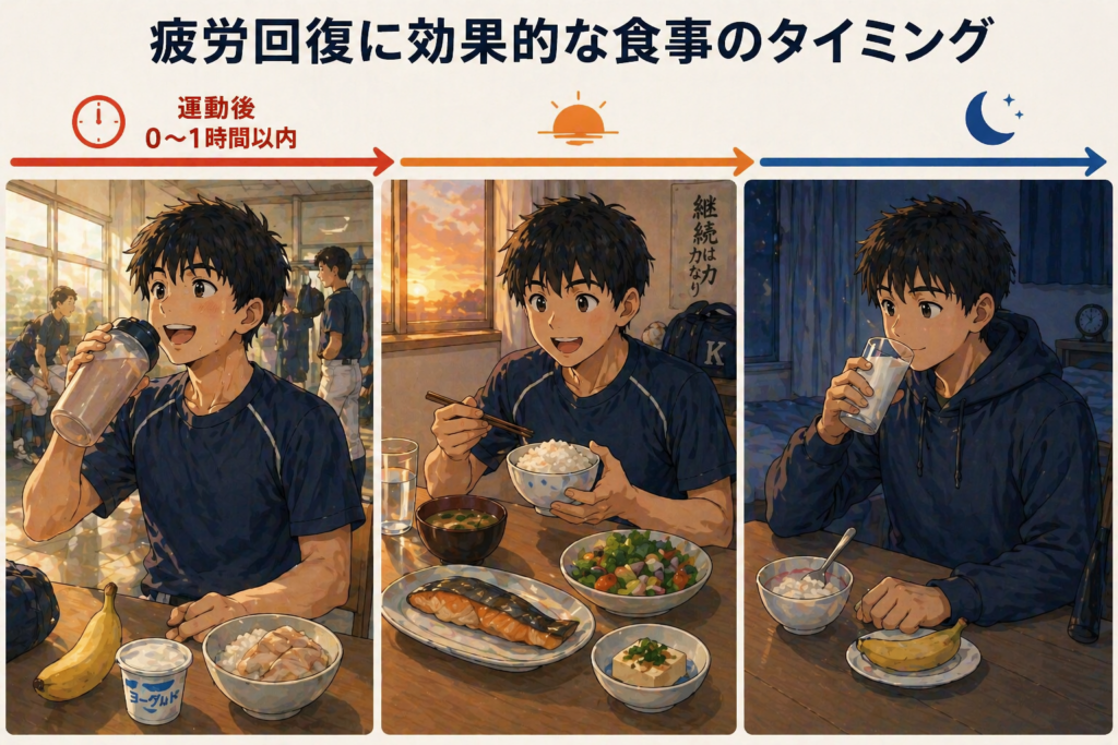 左右に時間の流れがわかる3コマ構図のイラスト。左のコマに「運動後 0〜1時間以内」とだけ表示されており、運動直後の高校生が汗をかきながら水分補給や軽食（バナナやおにぎりなど）をとっている様子。中央は夕方、しっかりとした食事（ご飯、主菜、副菜）を食べている場面。右は夜、就寝前に軽く消化の良いものを摂っている様子。全体はやわらかいイラスト調で、回復のための食事タイミングの流れが視覚的に理解できる構図。