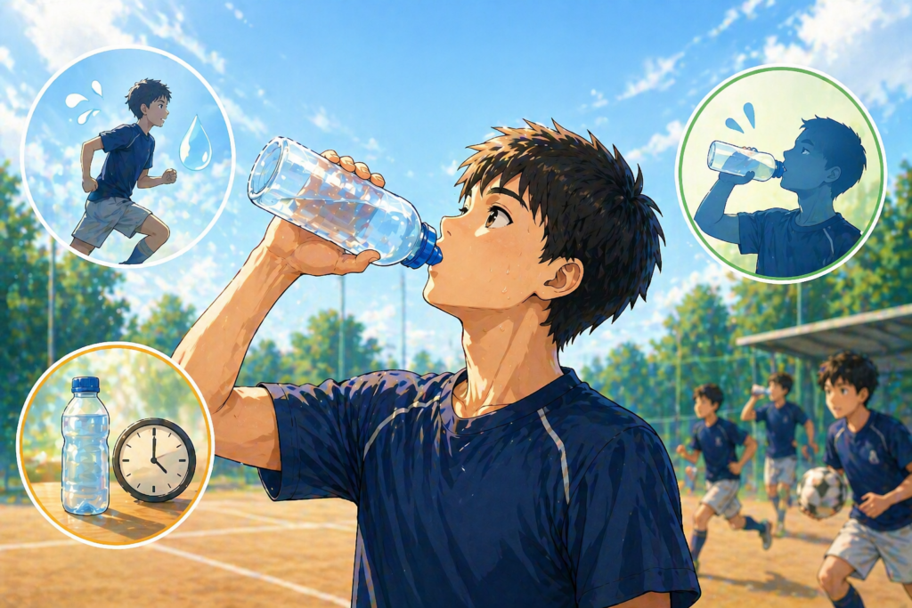 夏のグラウンドで部活動中の中学生〜高校生の男の子が、水筒やペットボトルの水を飲んでいる様子。周囲にはランニングやボールを使った練習をしている仲間が見え、運動中にこまめに水分補給していることが自然に伝わる構図。イラスト内には、水を飲む様子や走っている様子をシンプルに表した丸いイメージカットもあり、水分補給の基本が視覚的に理解できるやわらかいイラスト調。
