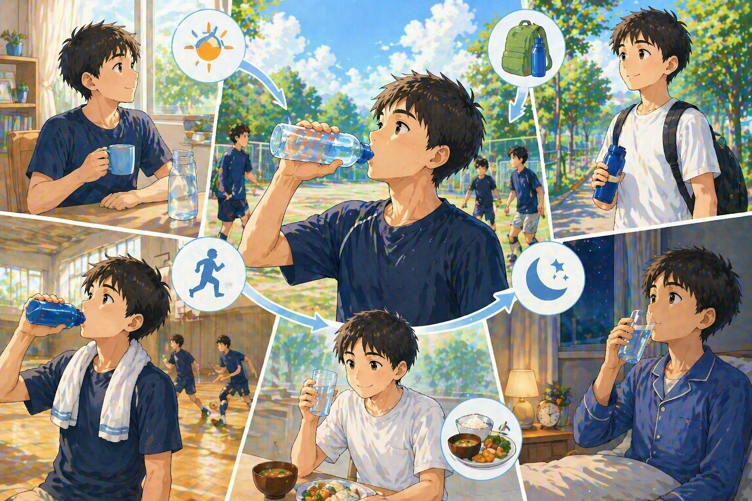 一日の流れの中で自然に水分補給をしている様子を描いたアイキャッチイラスト。中央に運動中に水を飲んでいる学生を配置し、その周りに朝起きて水を飲む場面、通学中に水筒を持つ様子、部活動中の休憩で水を飲む場面、食事中に水をとる様子、夜にリラックスしながら水を飲む場面が円状に配置されている。全体はやわらかいイラスト調で、特別に意識しなくても日常の中で水分補給が習慣化されていることが視覚的に伝わる構図。