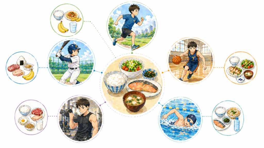 中央にバランスの良い食事（ご飯、魚、野菜、汁物）が円形で配置され、その周囲に放射状に異なる競技の子どもたち（走る、野球のスイング、バスケットのドリブル、筋トレ、水泳）がそれぞれ円形で配置されている構図。それぞれの競技の近くには、少しずつ特徴の異なる食事内容が描かれており、同じ食事でも競技によって意識するポイントが変わることが視覚的に伝わる。全体はやわらかいイラスト調。
