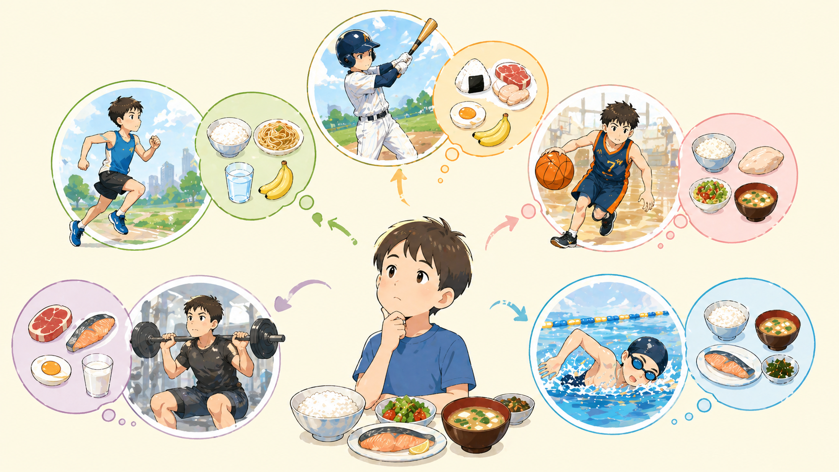 中央に食事を前にして考えている子どもが描かれ、その周囲に吹き出しのような円で複数の競技（ランニング、野球、バスケットボール、筋トレ、水泳）と、それぞれに対応した食事内容が配置されている構図。競技ごとに必要な食事が違うことを考えている様子が伝わり、「どんな食事が合うのか」を選ぶイメージが視覚的に表現されている。全体はやわらかいイラスト調。