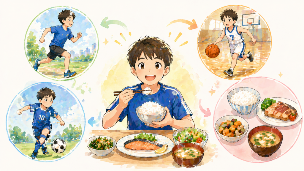運動している子どもと食事量の関係を表したイラスト。片側には元気に走ったりボールを使って動いている子どもたち、もう片側にはしっかりとした量の食事（ご飯、主菜、副菜）が並んでいる構図。中央では食事をしっかり食べている子どもが元気そうにしており、活動量と食事量がつながっていることが自然に伝わる。全体はやわらかいイラスト調で、「しっかり食べることが体づくりやパフォーマンスにつながる」ことが視覚的に理解できる。