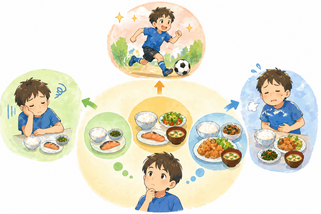 中央に食事量をイメージした大きさの違う皿が並び（少ない・適量・多い）、その周囲に同じ子どもがそれぞれ異なる状態で描かれている構図。少ない食事では少し元気がない様子、適量では元気に運動している様子、多すぎる場合は少し動きにくそうな様子になっている。全体はやわらかいイラスト調で、「体の状態や活動量に合わせて食事量を調整する」イメージが視覚的に伝わる。