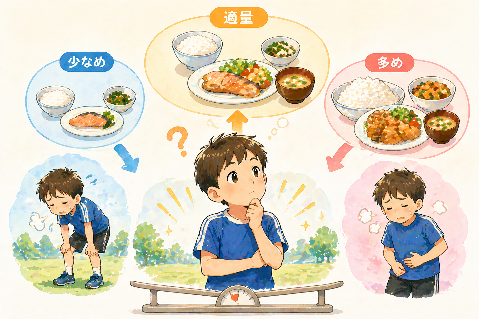 中央に食事量を考えている子どもが描かれ、その周囲に「少なめ・適量・多め」の異なる食事量の皿と、それぞれに対応した状態（元気に動けている、疲れている、重そうにしている）が配置されている構図。運動している様子と食事量のバランスがつながっており、「自分に合った量を考えること」が自然に伝わるやわらかいイラスト調のアイキャッチ。