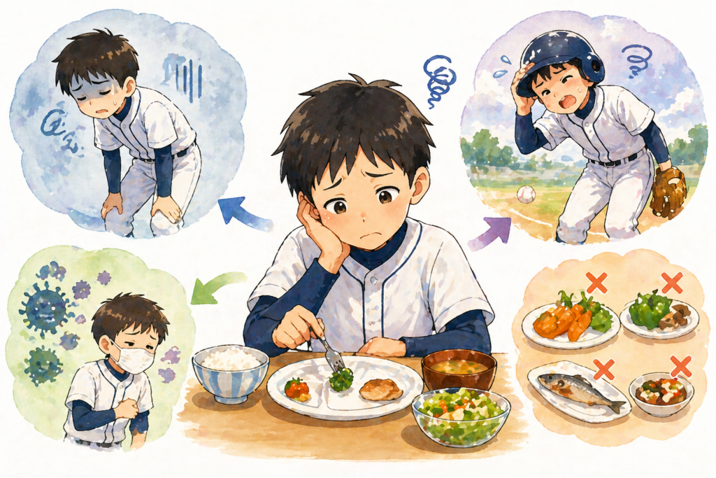 野球ユニフォームを着た子どもが食事を前に偏食している様子を中心に、周囲に影響を示す場面（練習中に疲れている、試合中にふらつく、体調を崩しているなど）が配置された構図。食事は野菜や魚を避けている様子が描かれており、偏った食事がパフォーマンスや体調に影響していることが視覚的に伝わる。全体はやわらかいイラスト調。