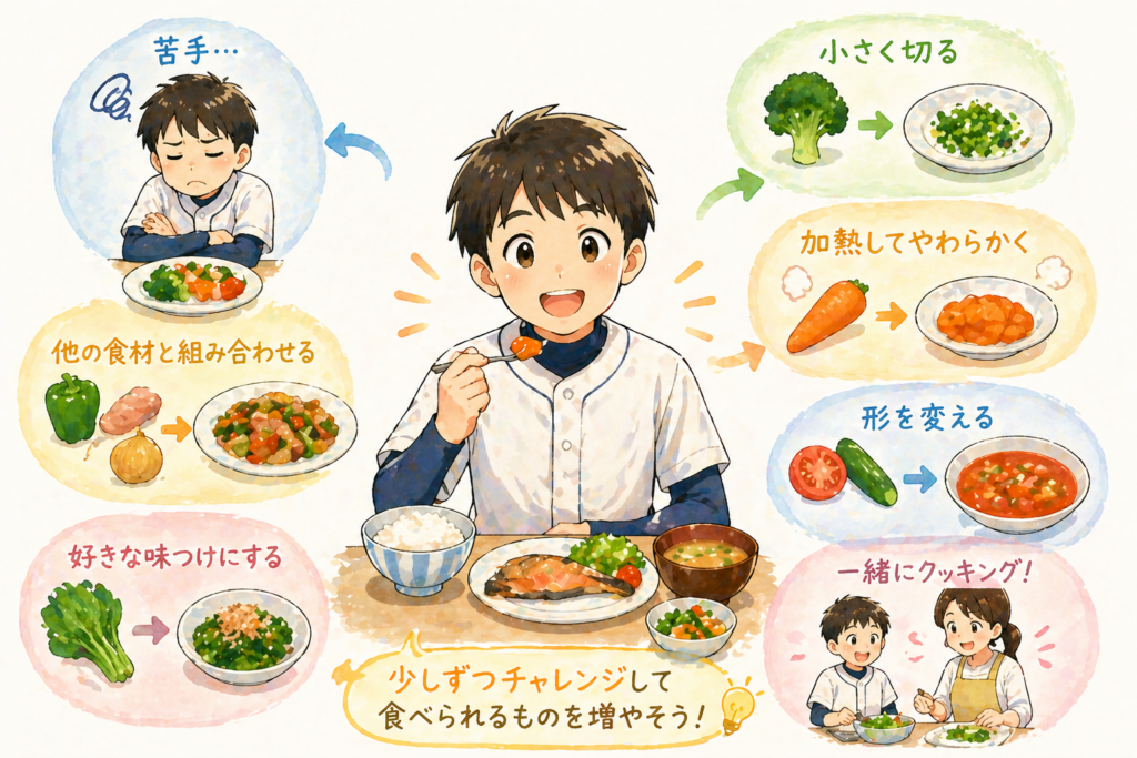 野球ユニフォームを着た子どもが、少し工夫された料理を食べて笑顔になっている様子を中心に、周囲に「細かく切られた野菜」「加熱されてやわらかくなった食材」「他の食材と混ざった料理」などが円形で配置されている構図。左側には苦手そうにしていた状態、右側には食べられるようになっている様子が自然に対比されており、工夫によって苦手な食材を取り入れられることが視覚的に伝わる。全体はやわらかいイラスト調で、前の見出しと同じテイストを維持している。