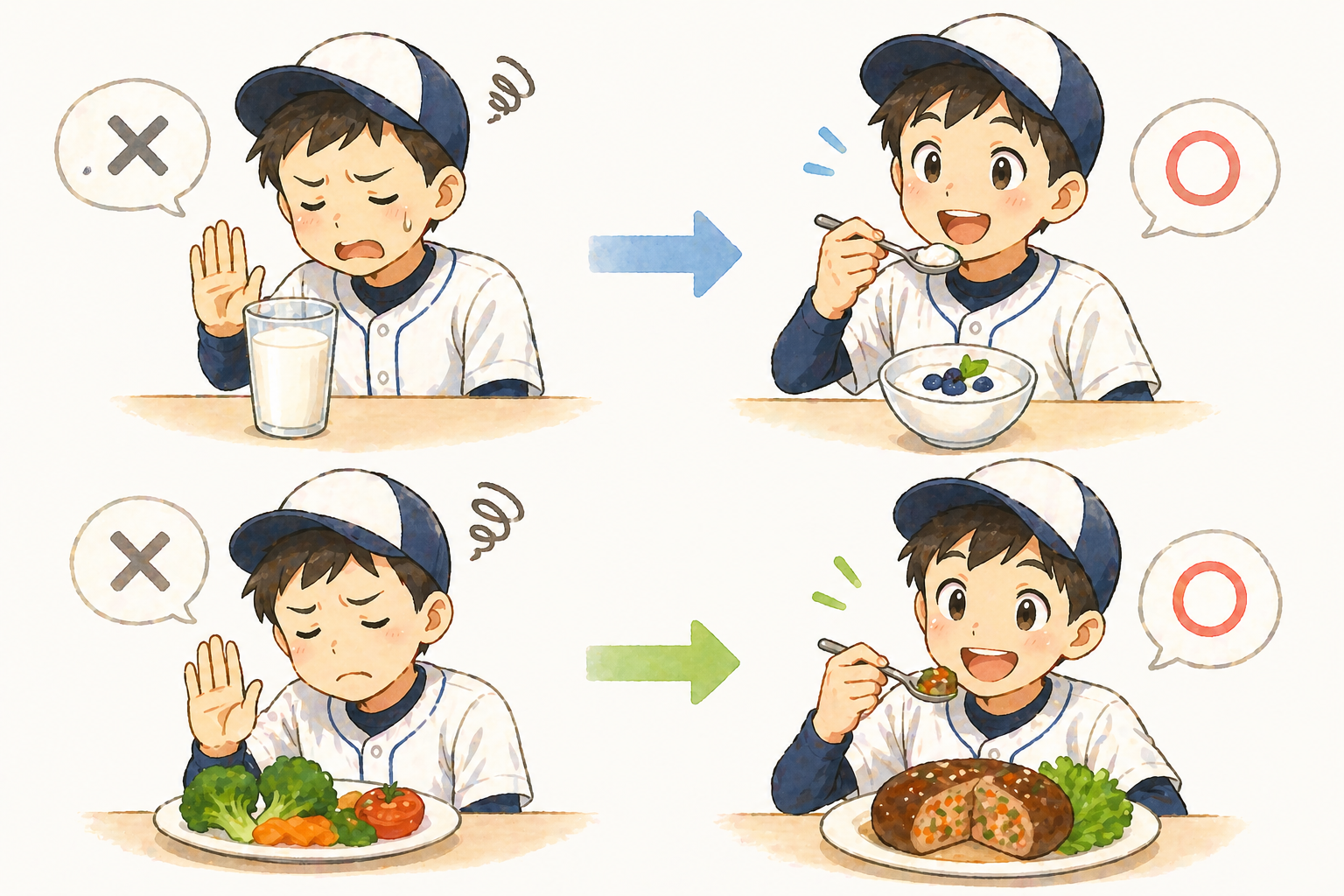 野球ユニフォームの少年で統一されたシンプルな4分割イラスト。左上は牛乳を前に嫌がっている様子、右上はヨーグルトを笑顔で食べている様子。左下は野菜そのままの皿を前に嫌がっている様子、右下は細かく刻まれた野菜が混ざったハンバーグを美味しそうに食べている様子。無理に食べるのではなく、形や食べ方を変えることで自然に栄養が取れることが直感的に伝わるアイキャッチ