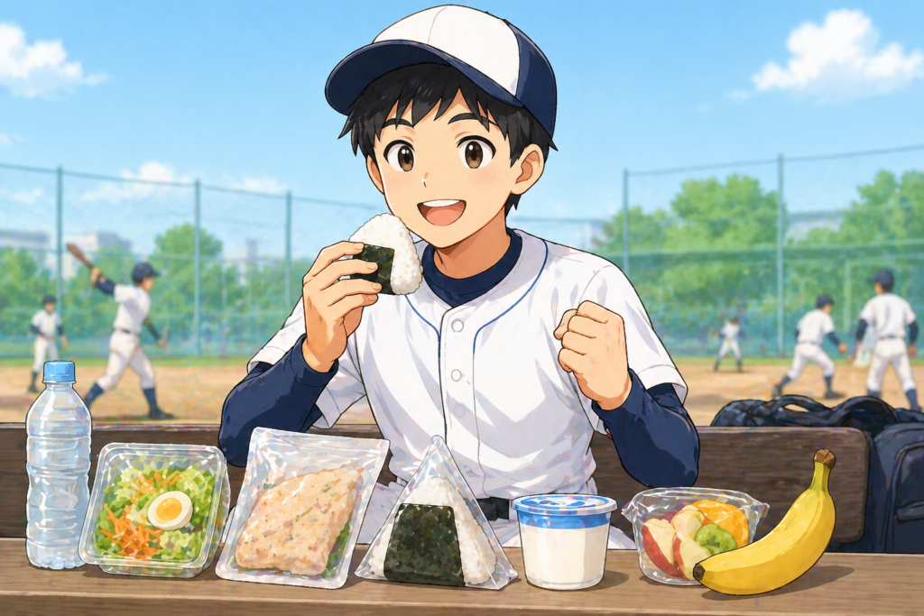 野球ユニフォームの中学生くらいの少年が、グラウンド横のベンチでコンビニの食事を食べている様子。おにぎり、サラダ、サラダチキン、ヨーグルト、フルーツ、水などがシンプルに並び、元気に食べている。背景には練習しているチームメイトがぼんやり描かれており、コンビニでもバランスよく食事が整えられることが直感的に伝わる構図。