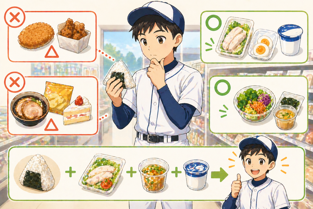 野球ユニフォームの中学生くらいの少年がコンビニで食べ物を選んでいる構図。左側には揚げ物や脂質の多い食品が並び、少し悩んでいる様子。右側にはサラダ、サラダチキン、ゆで卵、ヨーグルトなどが並び、バランスよく選べるイメージ。下にはおにぎりに加えてタンパク質や野菜を組み合わせた食事が並び、バランスよく選ぶ流れが視覚的に伝わるやわらかいイラスト調。