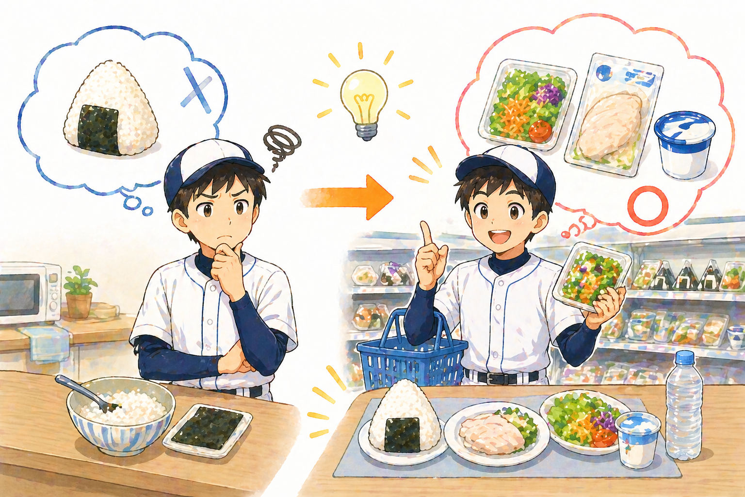 野球ユニフォームの中学生くらいの少年を中心にした左右対比のアイキャッチ。左は自宅でおにぎりだけを用意して少し悩んでいる様子、右はコンビニでサラダチキンやサラダなどを選び、おにぎりと組み合わせてバランスの良い食事を完成させている様子。手作りとコンビニを組み合わせることで、無理なく食事を整えられることが直感的に伝わるシンプルな構図。