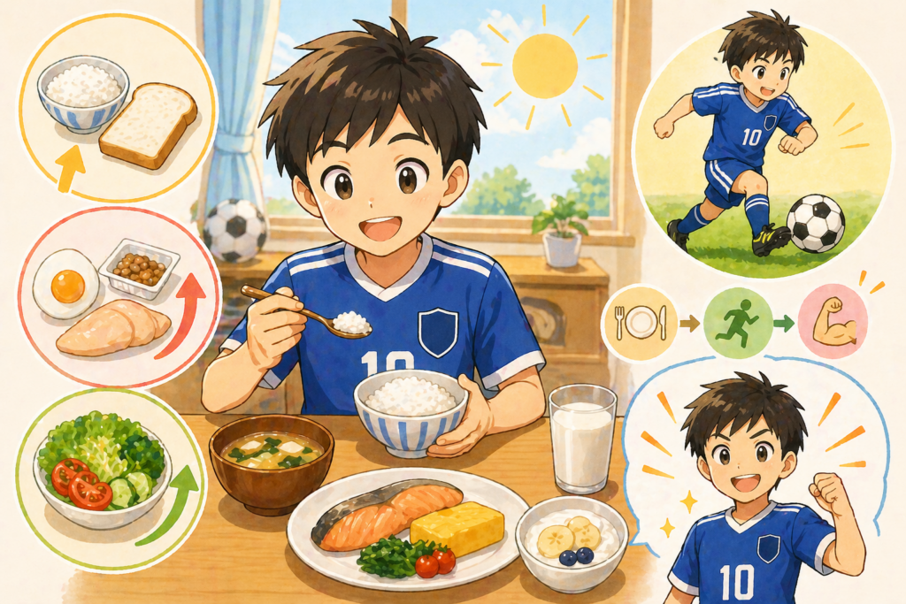 サッカーユニフォームを着た小学生くらいの子どもが朝ごはんを食べている中央構図。ごはん、主菜、野菜、汁物などがシンプルに並び、元気に食べている様子。背景には朝の光とサッカーボールがあり、その後に元気にプレーしている姿が円形で描かれている。朝食とパフォーマンスがつながっていることが直感的に伝わるやわらかいイラスト調。