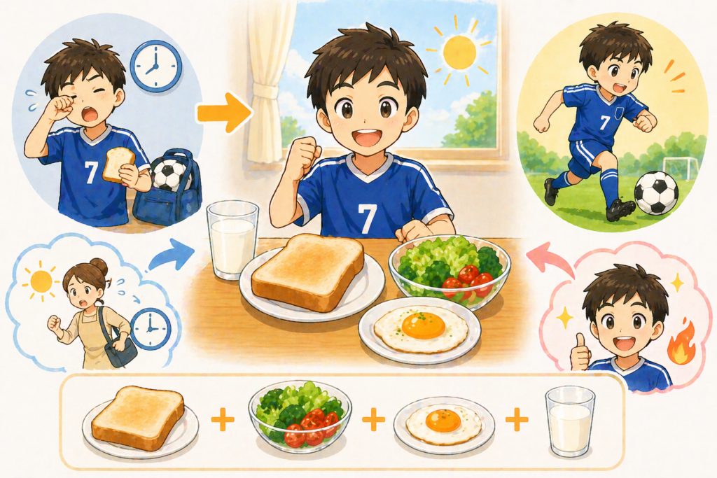 サッカーユニフォームの小学生くらいの子どもが朝ごはんを食べているシンプルな構図。トースト、サラダ、目玉焼き、牛乳が並び、短時間でも用意できるシンプルな朝食を元気に食べている様子。背景には朝の光が入り、その後に元気にサッカーをしている姿が小さく描かれており、手軽な朝食でもしっかり体づくりにつながることが直感的に伝わるやわらかいイラスト調。