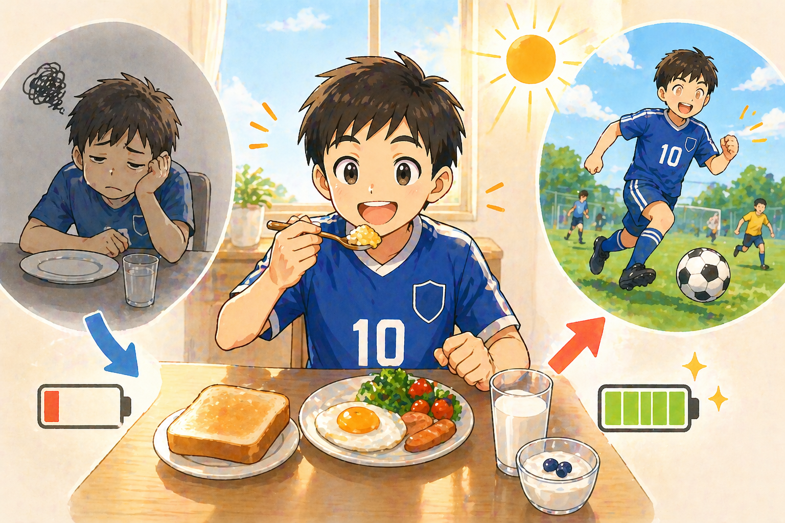 サッカーユニフォームの小学生が中央で朝ごはんを食べている構図。左側には朝ごはんを食べずに元気がない様子、右側には元気にサッカーをしている様子が対比で描かれている。中央の朝食（パン・目玉焼き・野菜・牛乳）を食べることで、体が元気になりプレーにつながる流れが直感的に伝わるシンプルなイラスト。