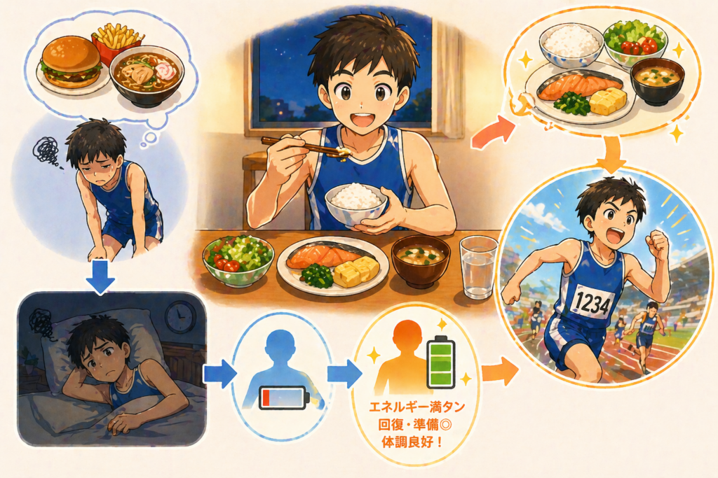 陸上ユニフォームを着た子どもが中央で夕食をしっかり食べている構図。周囲に、疲れている状態・しっかり休んでいる様子・翌日に元気に走っている様子が円形で配置されている。バランスの良い食事と休養が翌日のパフォーマンスにつながる流れが視覚的に伝わるやわらかいイラスト調。