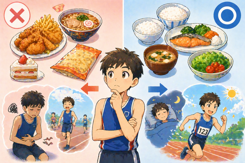 陸上ユニフォームの子どもが中央で食事を考えているシンプルな対比構図。左側には揚げ物や脂っこい食事が並び、その後に走っていて苦しそうな様子。右側にはごはん、魚、野菜などのバランスの良い食事が並び、翌日に軽やかに走っている様子。食事の違いがパフォーマンスに影響することが直感的に伝わるやわらかいイラスト。
