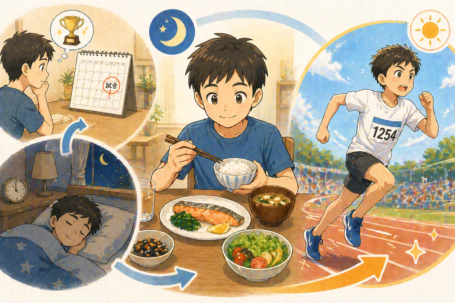 Tシャツ姿の子どもが自宅で夕食を食べている中央構図。ごはん・魚・野菜・汁物が並び、落ち着いて食事している様子。周囲に夜の休息（就寝）と翌日の陸上競技で走っている姿が流れで配置されており、前日の食事と休養が翌日のパフォーマンスにつながることが直感的に伝わるやわらかいイラスト。