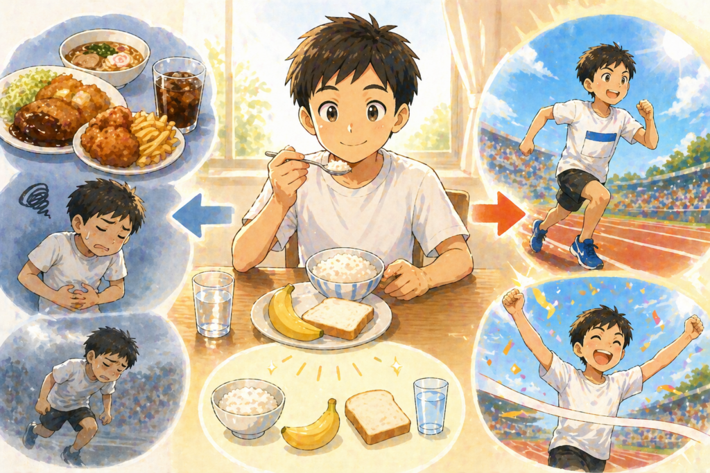 Tシャツ姿の子どもが中央で軽めの食事（ごはん・パン・バナナ・水）を食べている構図。左側には食べすぎて動きにくそうな様子、右側には軽やかに走っている様子が描かれており、食べ方の違いでコンディションが変わることが直感的に伝わるシンプルなイラスト。