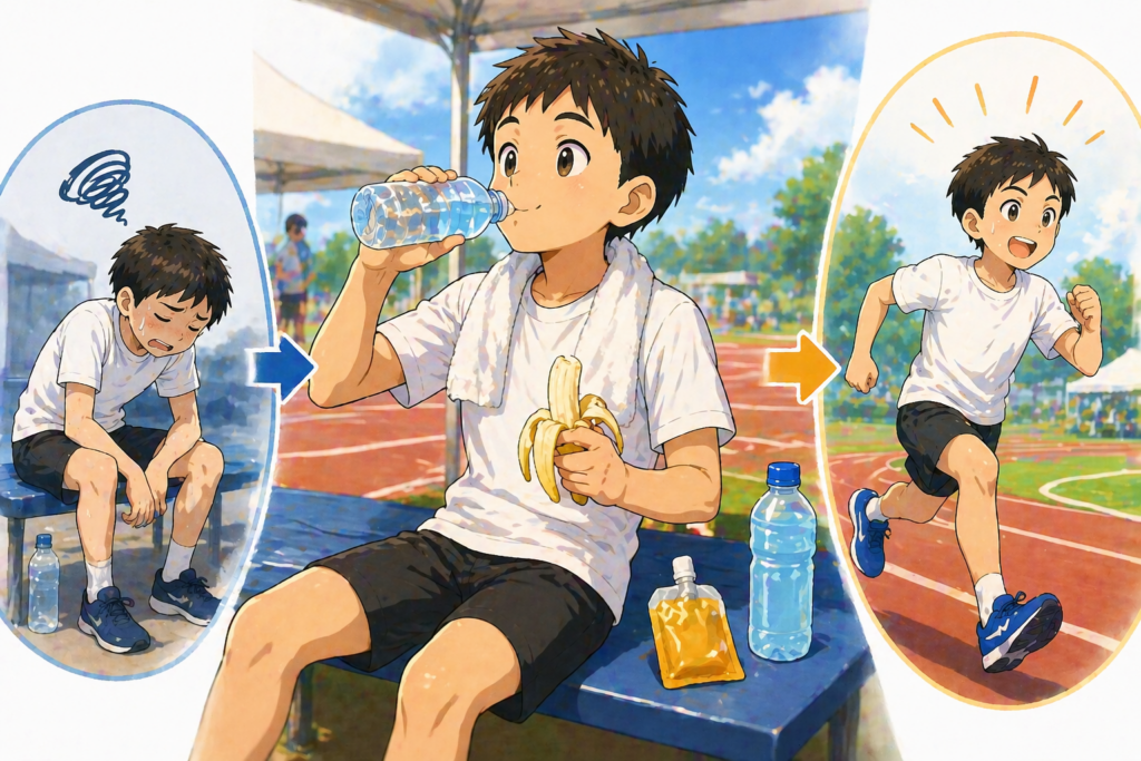 Tシャツ姿の子どもが試合の合間にベンチで補給している中央構図。水やスポーツドリンクを飲み、バナナやゼリーなどを食べている様子。周囲に、補給せずに疲れている状態と、しっかり補給して元気に走っている様子が対比で描かれており、試合中や合間の補給がパフォーマンスに影響することが直感的に伝わるシンプルなイラスト。