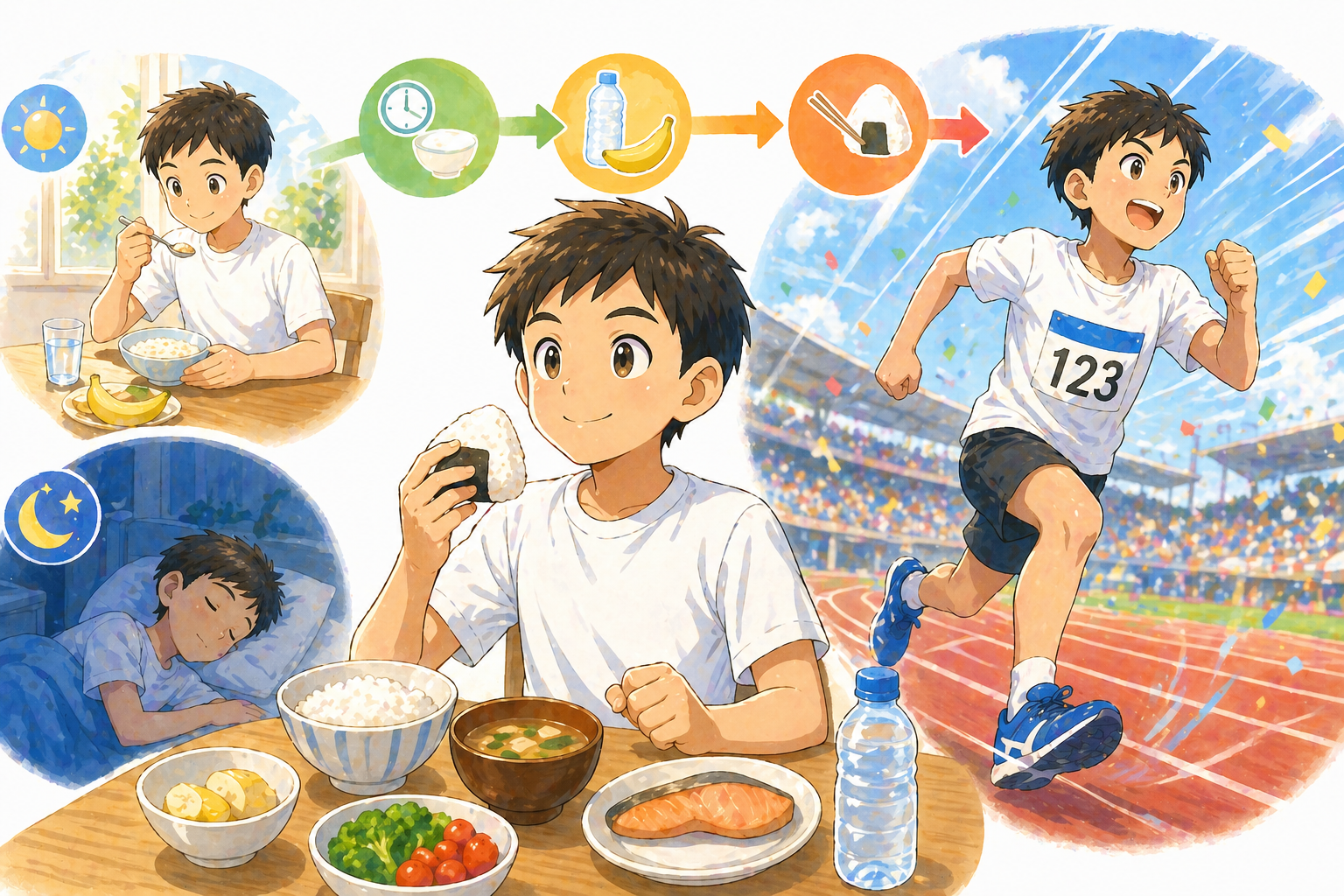 Tシャツ姿の子どもを中心にした流れ構図のアイキャッチ。中央でバランスの良い食事をしている様子を軸に、左上に朝食、左下に休養（睡眠）、上部に軽い補給（バナナや水）、右側に試合で全力で走っている姿が配置されている。食事・補給・休養がつながり、当日のパフォーマンスにつながる流れが直感的に伝わるやわらかいイラスト。
