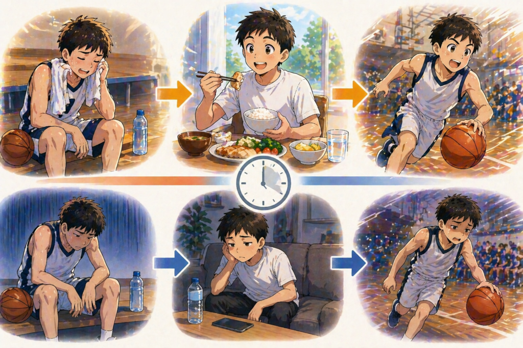 上下で対比された構図のイラスト。上段はバスケ後すぐに水分と食事をとっている様子から、元気にプレーしている流れ。下段は何も取らずに時間が経ち、疲れたまま回復が遅れている様子から、動きが重そうにプレーしている流れ。中央に時計のイメージが入り、タイミングによって回復スピードが変わることが直感的に伝わるやわらかいイラスト。