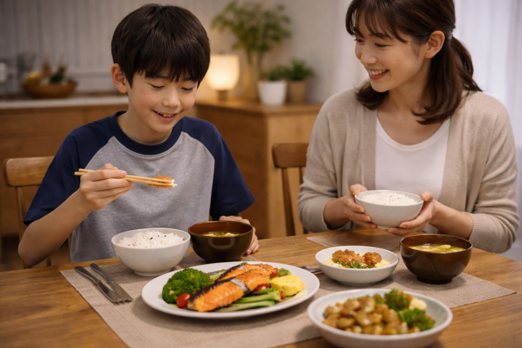 試合前日に向けて親子でバランスの良い食事をとっている家庭の様子